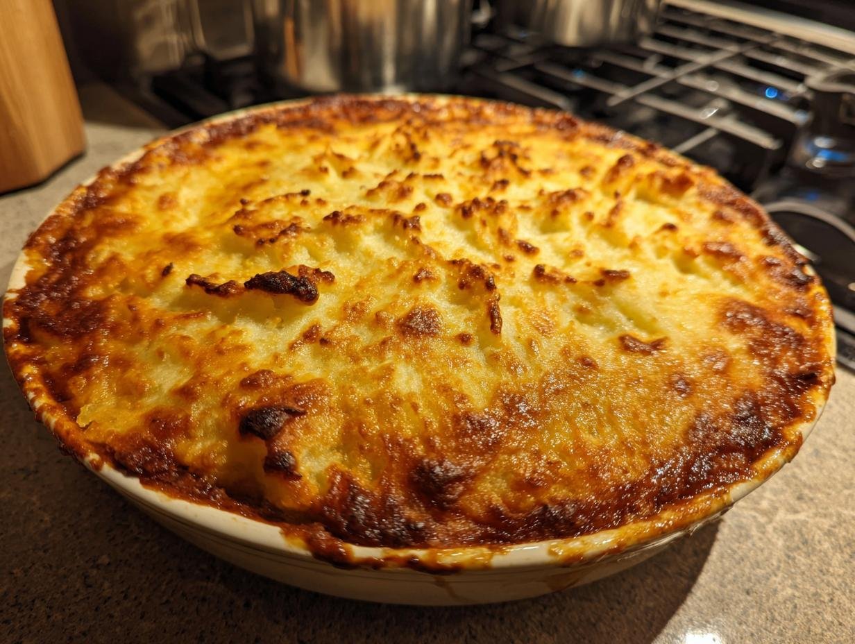 A freshly baked Turkey Shepherd’s Pie with Light Mash, featuring a golden-brown mashed potato topping in a round baking dish.