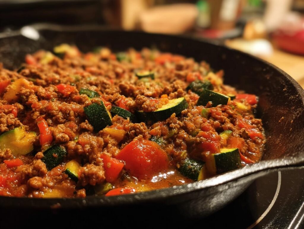 Close up of a delicious Turkey & Veggie Zucchini Skillet in a cast iron pan with zucchini and tomatoes.
