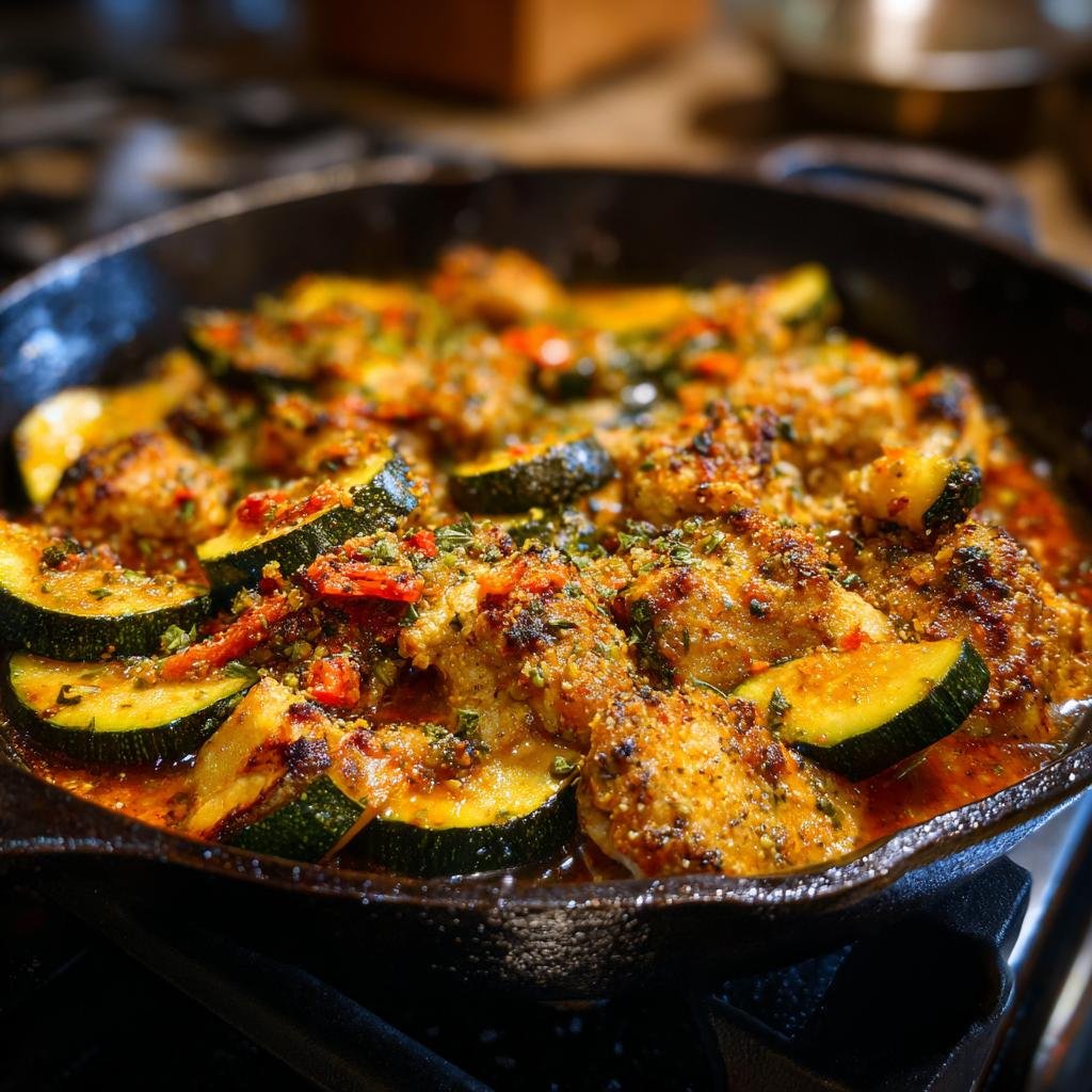 Close-up of a Turkey & Veggie Zucchini Skillet in a cast iron pan, featuring zucchini slices and seasoned turkey.