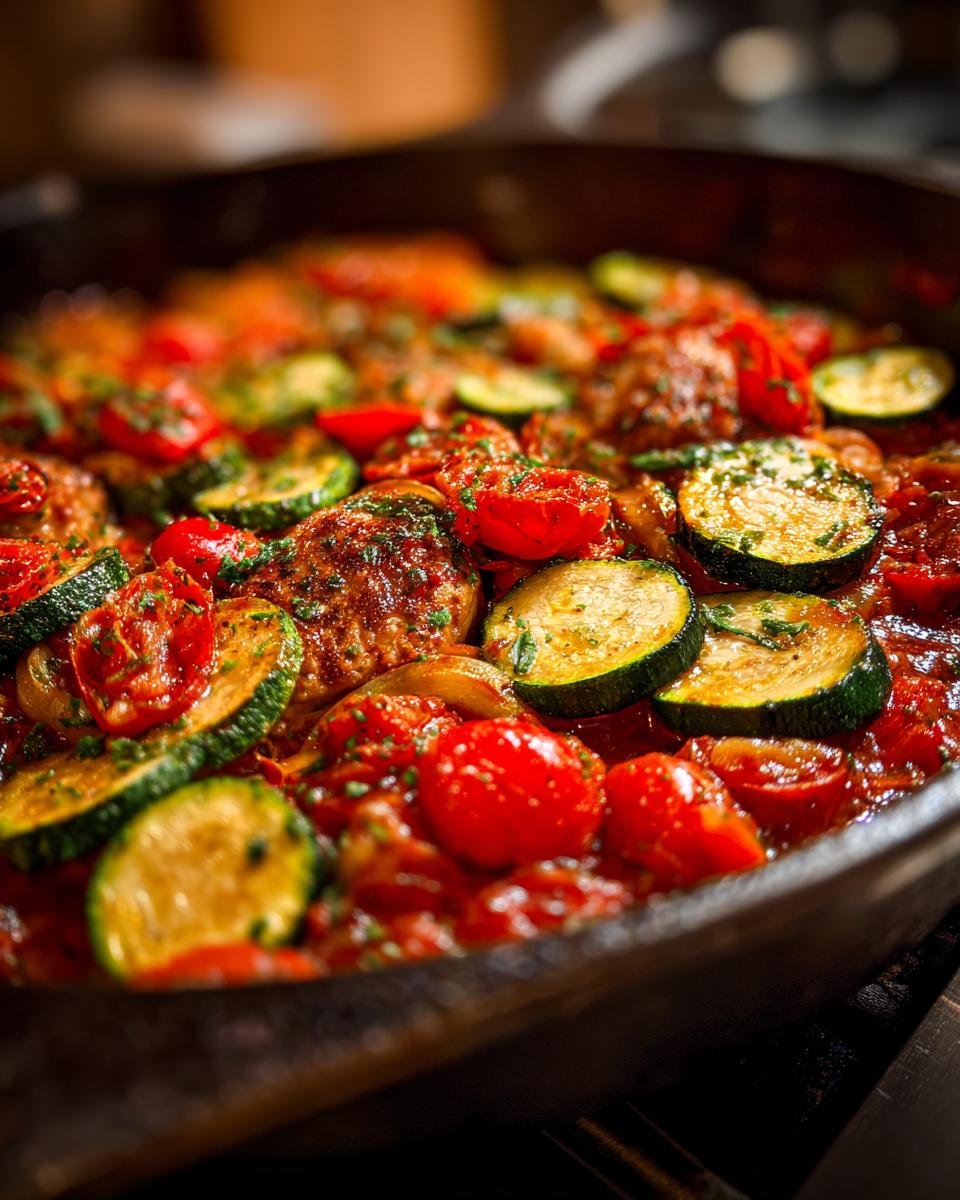 Close-up of a Turkey & Veggie Zucchini Skillet with zucchini, tomatoes, and turkey meatballs.