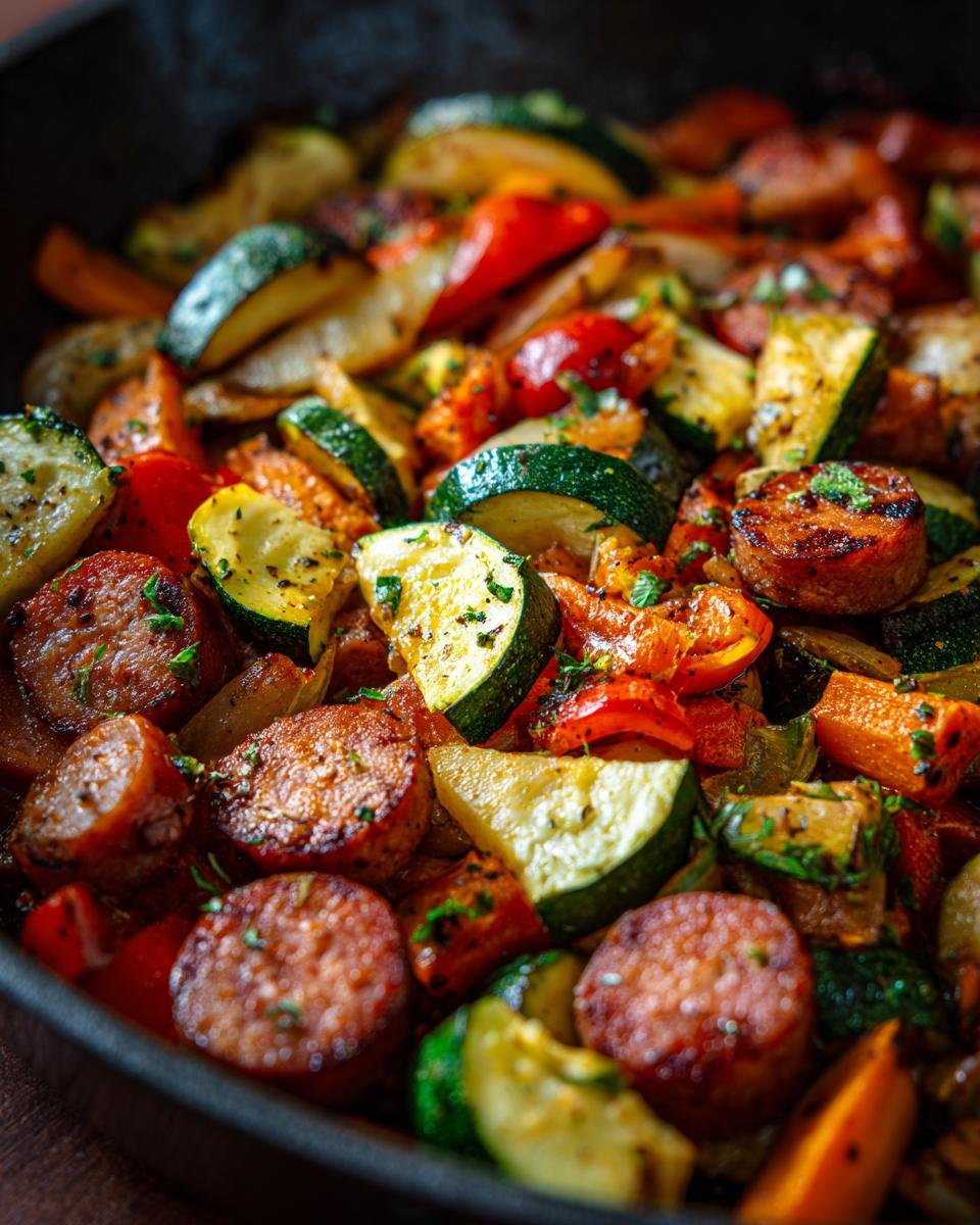 Close-up of a Turkey & Veggie Zucchini Skillet with zucchini, peppers, and sliced turkey sausage in a cast iron pan.