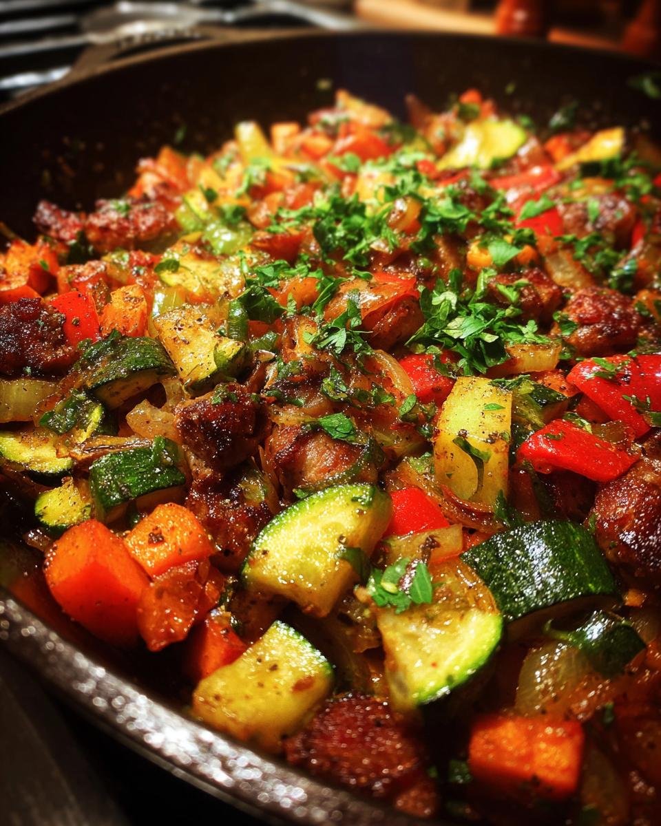Close-up of a delicious Turkey & Veggie Zucchini Skillet with zucchini, peppers, onions, and turkey in a cast iron pan.