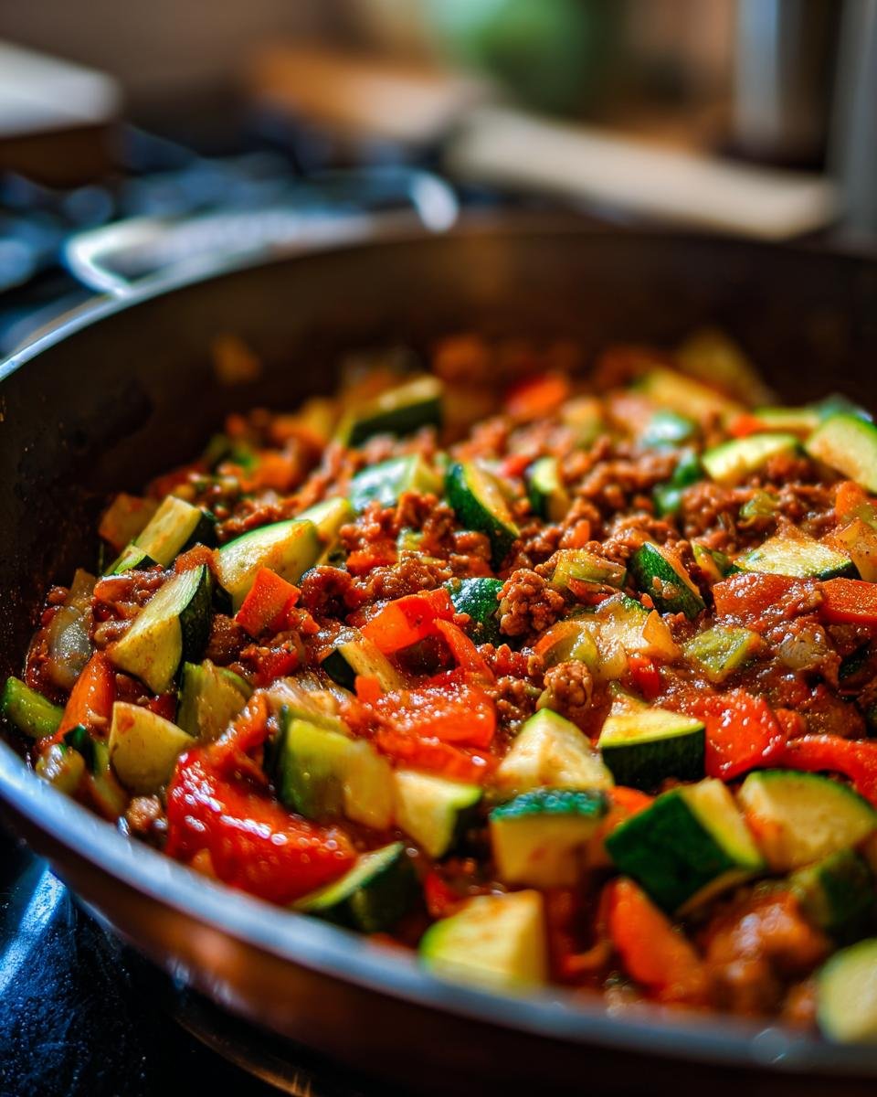 Close up of Turkey & Veggie Zucchini Skillet cooking in a pan, featuring zucchini, red peppers, and ground turkey.