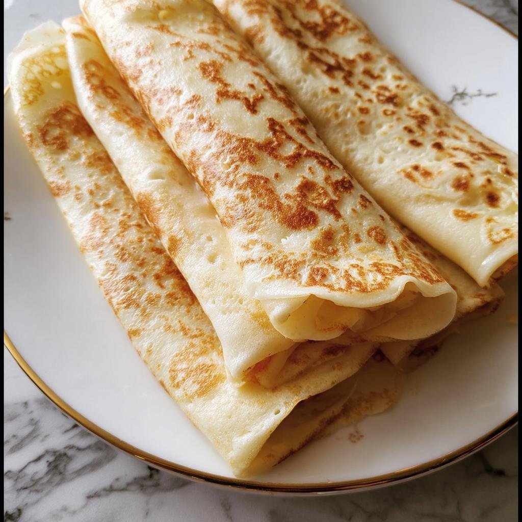 A stack of golden Two-Ingredient Cottage Cheese Wraps on a white plate with a gold rim.