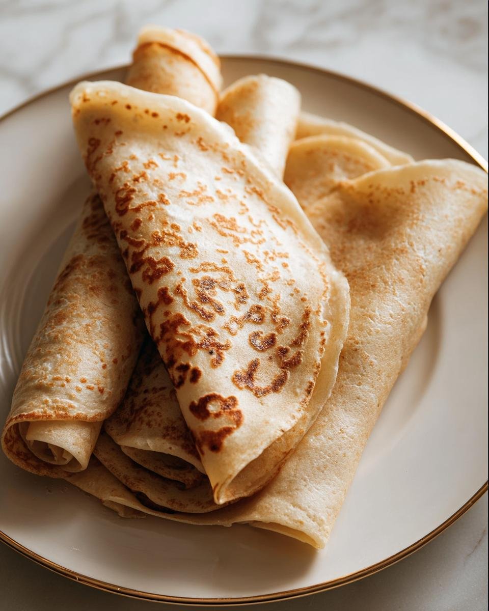 A stack of golden Two-Ingredient Cottage Cheese Wraps on a white plate with a gold rim.