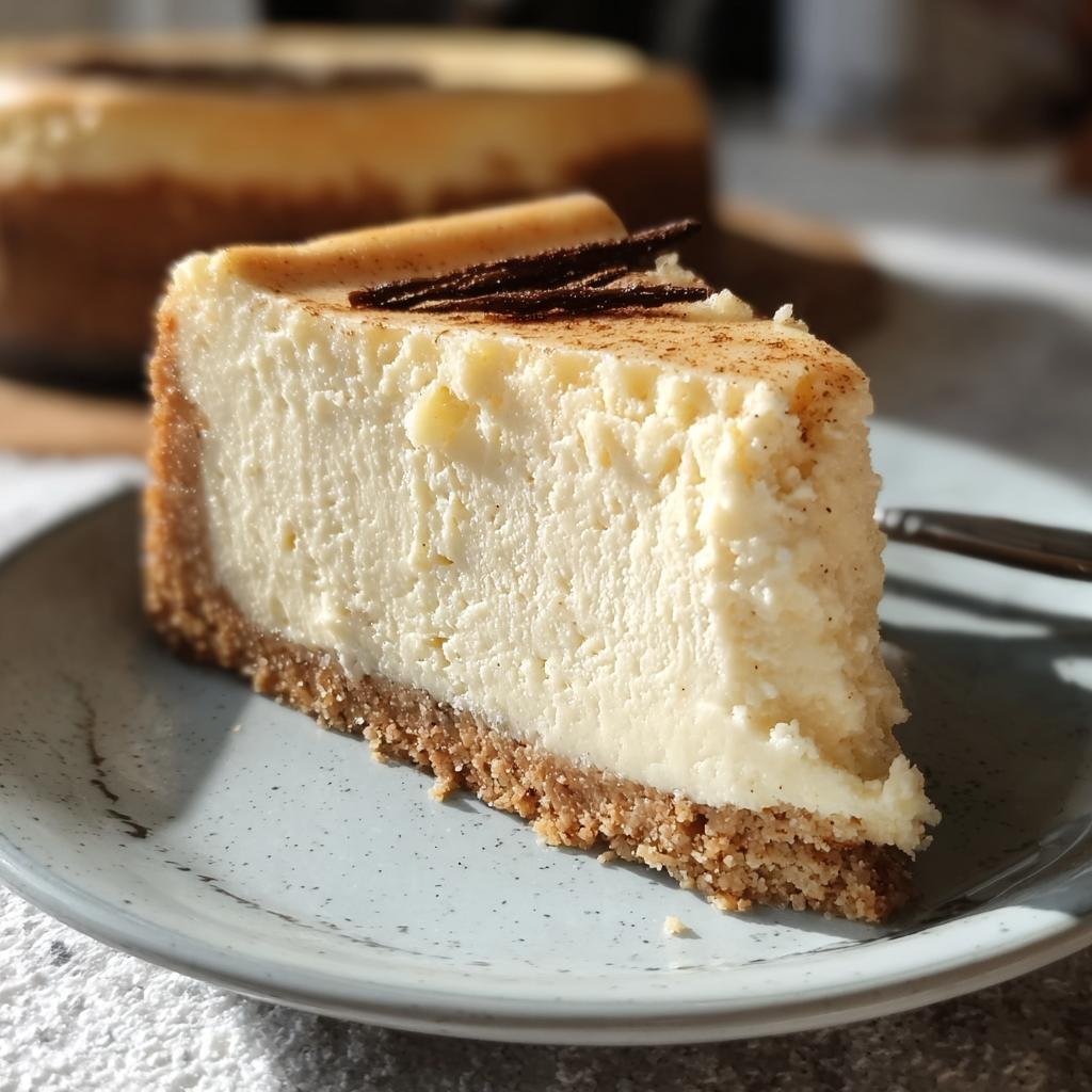 A delicious slice of Vanilla Bean Brown Cheesecake on a plate, topped with chocolate shavings.