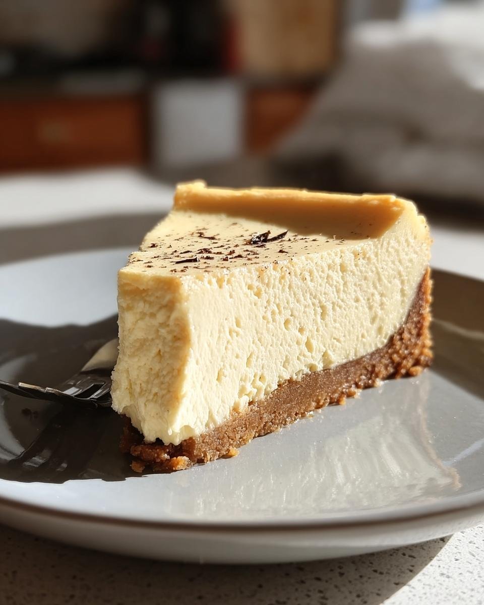 A slice of Vanilla Bean Brown Cheesecake on a plate, showcasing the creamy filling and graham cracker crust.