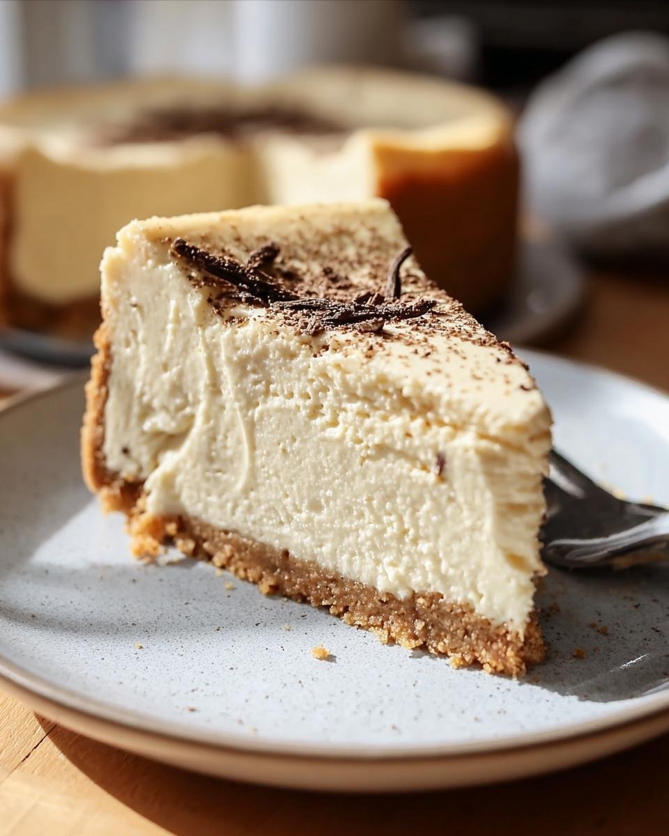 A slice of Vanilla Bean Brown Cheesecake on a plate, topped with chocolate shavings.
