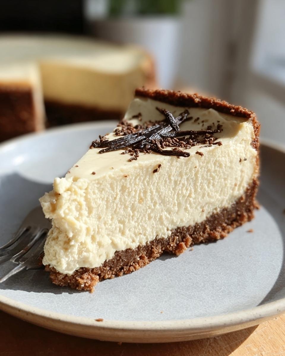 A slice of Vanilla Bean Brown Cheesecake on a plate, topped with vanilla bean and chocolate shavings.