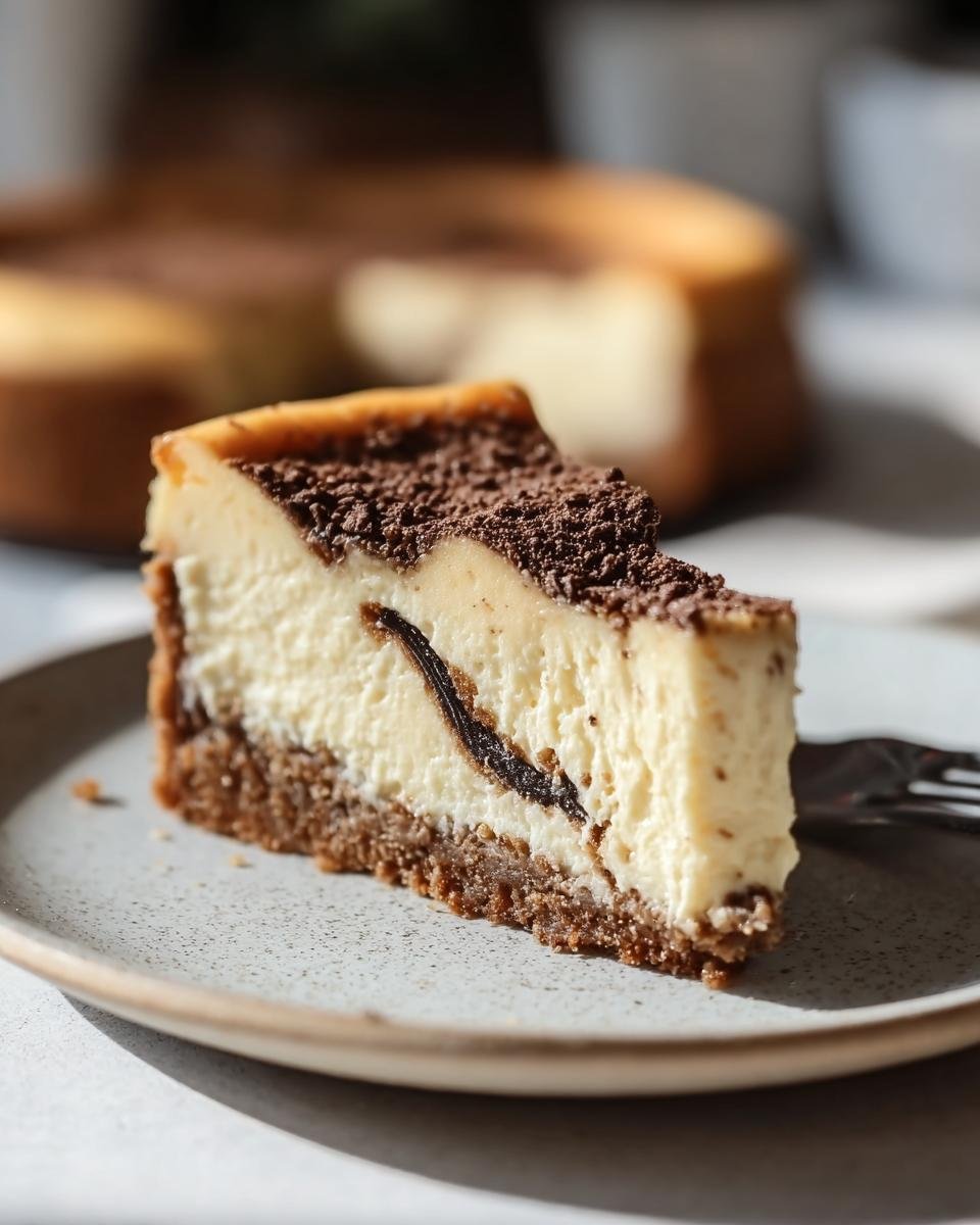 A slice of Vanilla Bean Brown Cheesecake on a plate, showing the crust, filling, and chocolate topping.