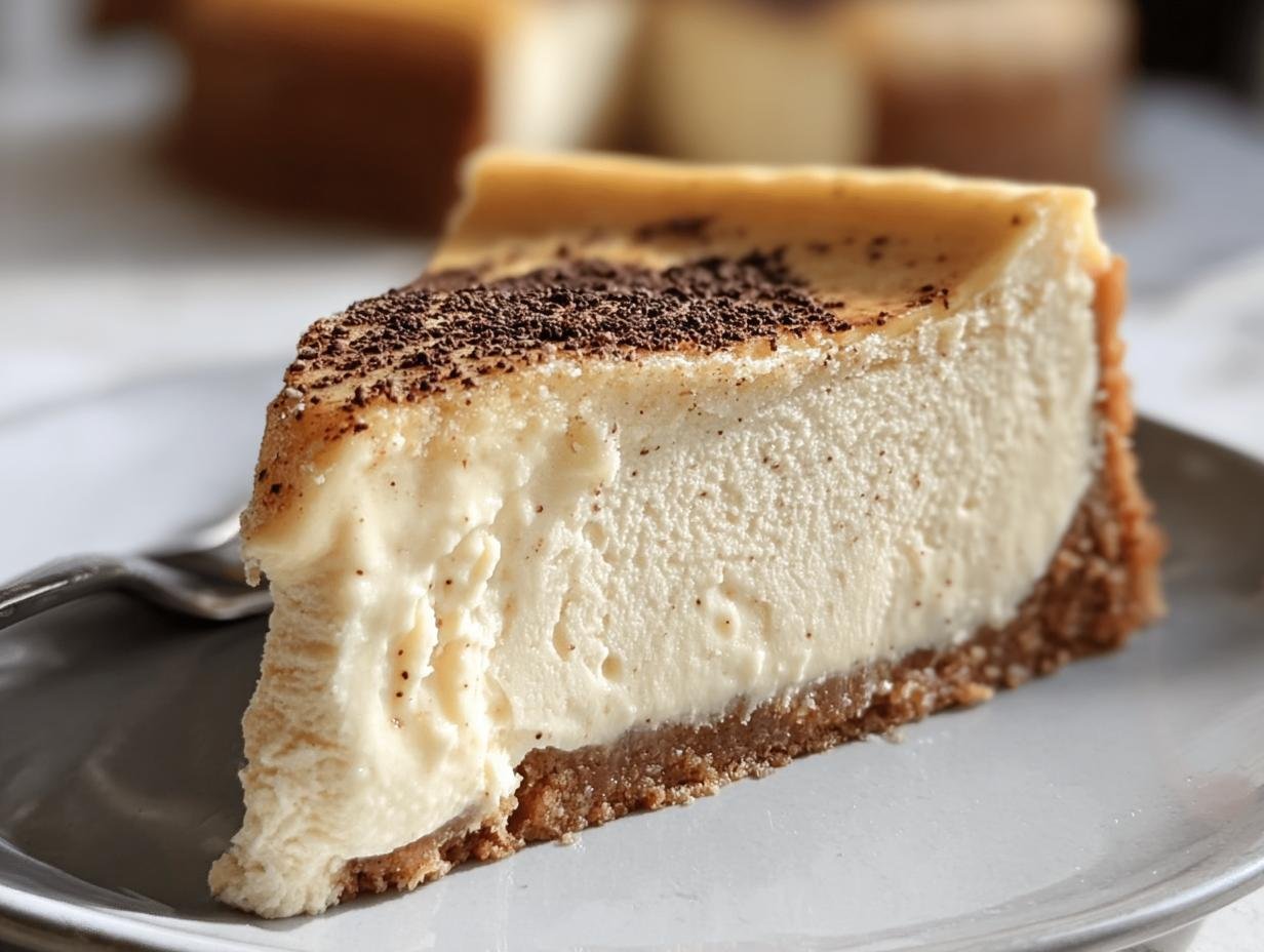 A slice of Vanilla Bean Brown Cheesecake on a plate, topped with chocolate shavings.