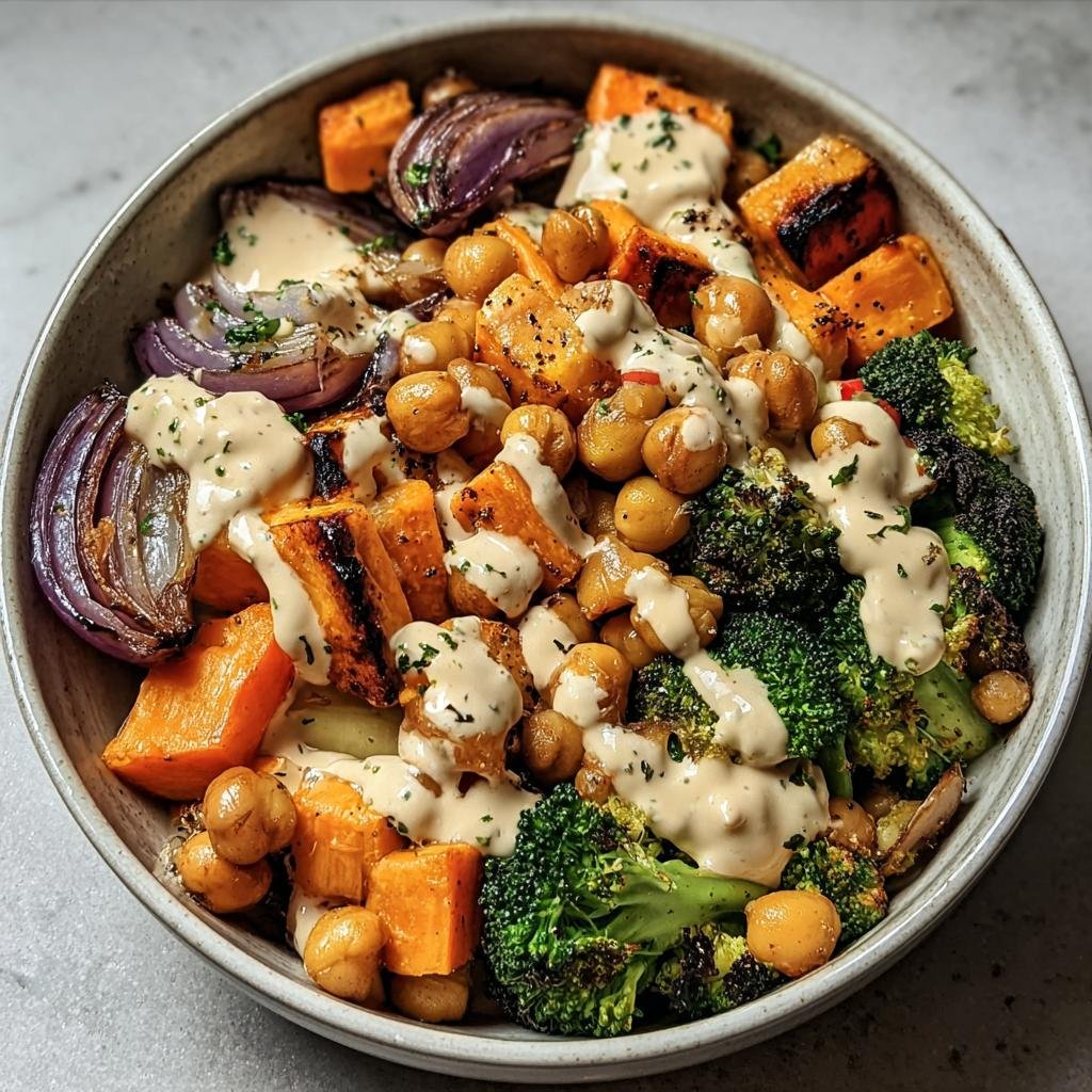 A vibrant Vegetable & Chickpea Bowl with Tahini dressing, featuring roasted vegetables and chickpeas.
