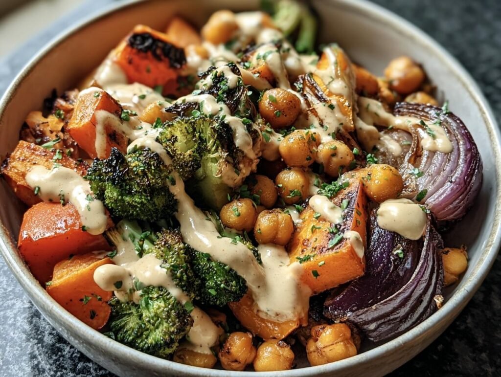 A colorful Vegetable & Chickpea Bowl with Tahini dressing, featuring roasted vegetables and chickpeas.