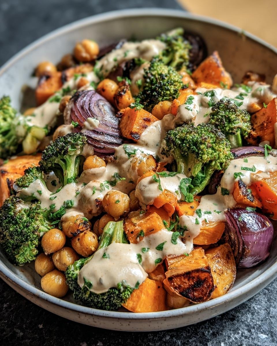 Close-up of a Vegetable & Chickpea Bowl with Tahini dressing, featuring roasted broccoli, sweet potato, and red onion.