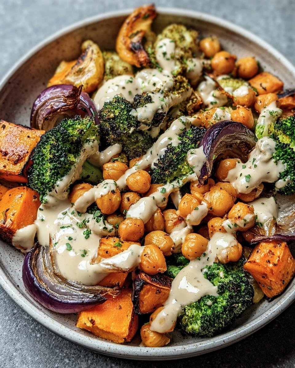 Close-up of a Vegetable & Chickpea Bowl with Tahini dressing, featuring roasted vegetables and chickpeas.