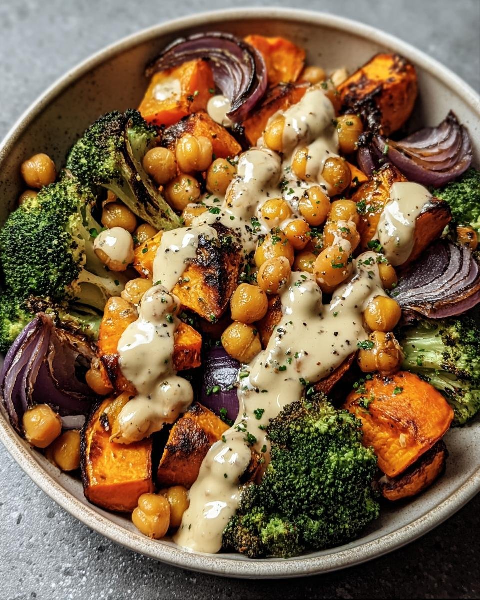 A colorful Vegetable & Chickpea Bowl with Tahini dressing, featuring roasted vegetables and chickpeas.