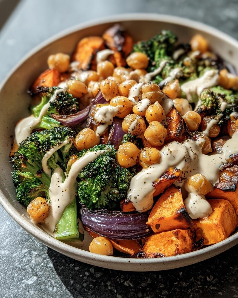 Overhead shot of a Vegetable & Chickpea Bowl with Tahini, featuring roasted vegetables and a creamy tahini dressing.