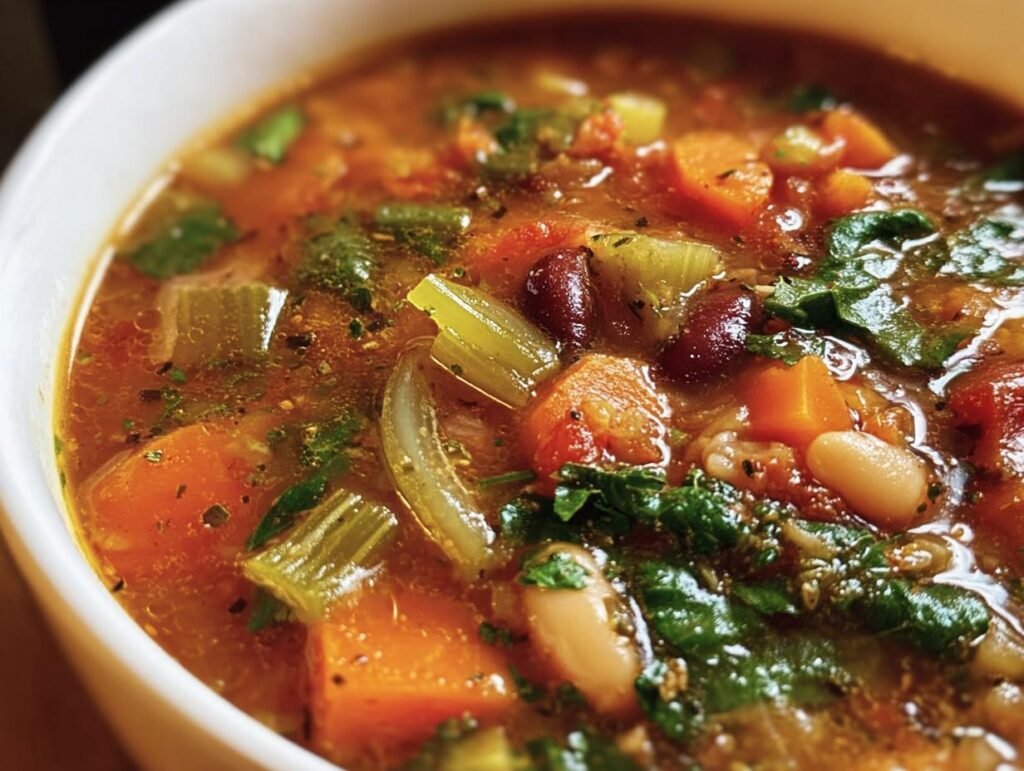 Close-up of a bowl of vibrant Vegetable Soup, filled with carrots, beans, celery, and spinach.