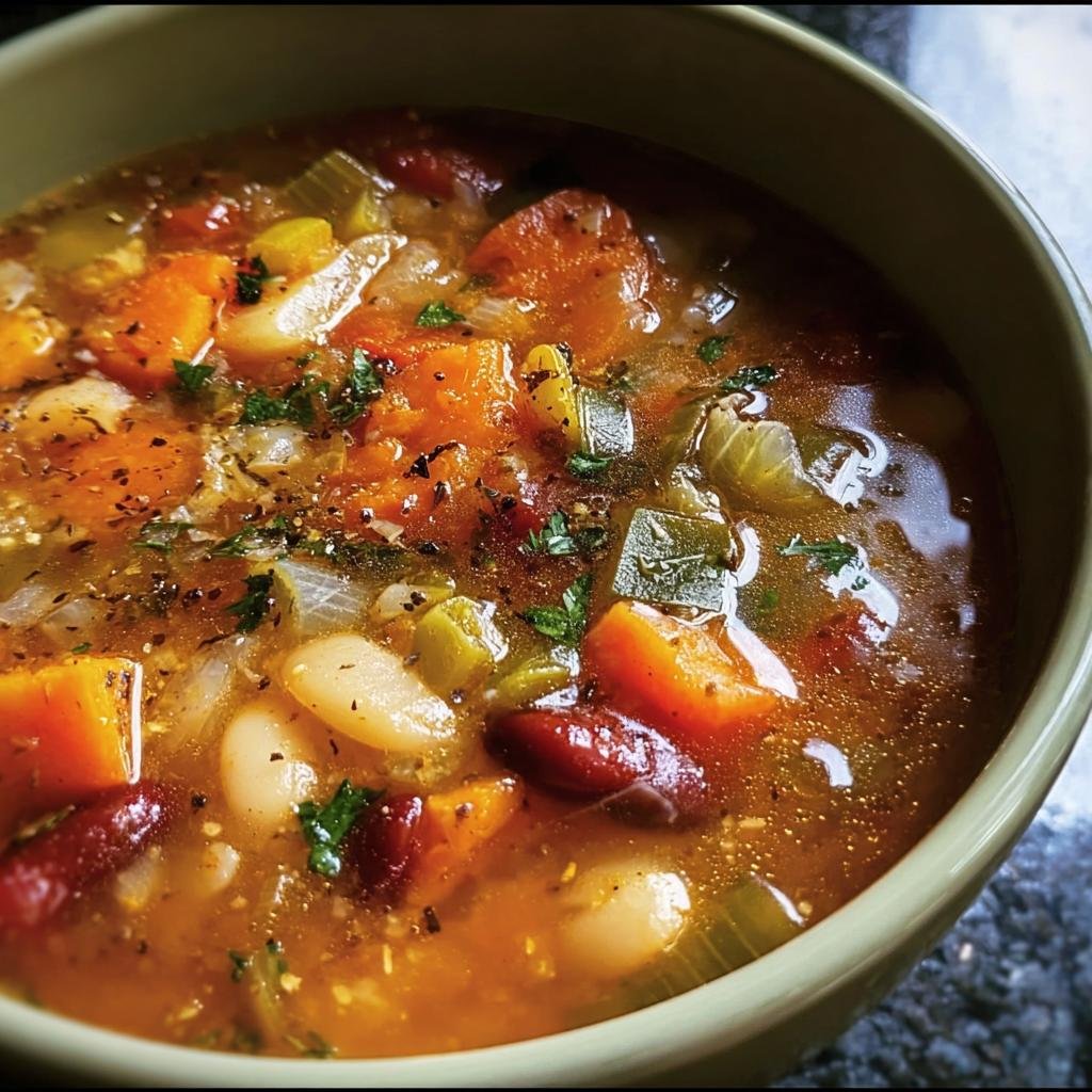 Close-up of a bowl of Vegetable Soup with carrots, beans, celery and herbs.