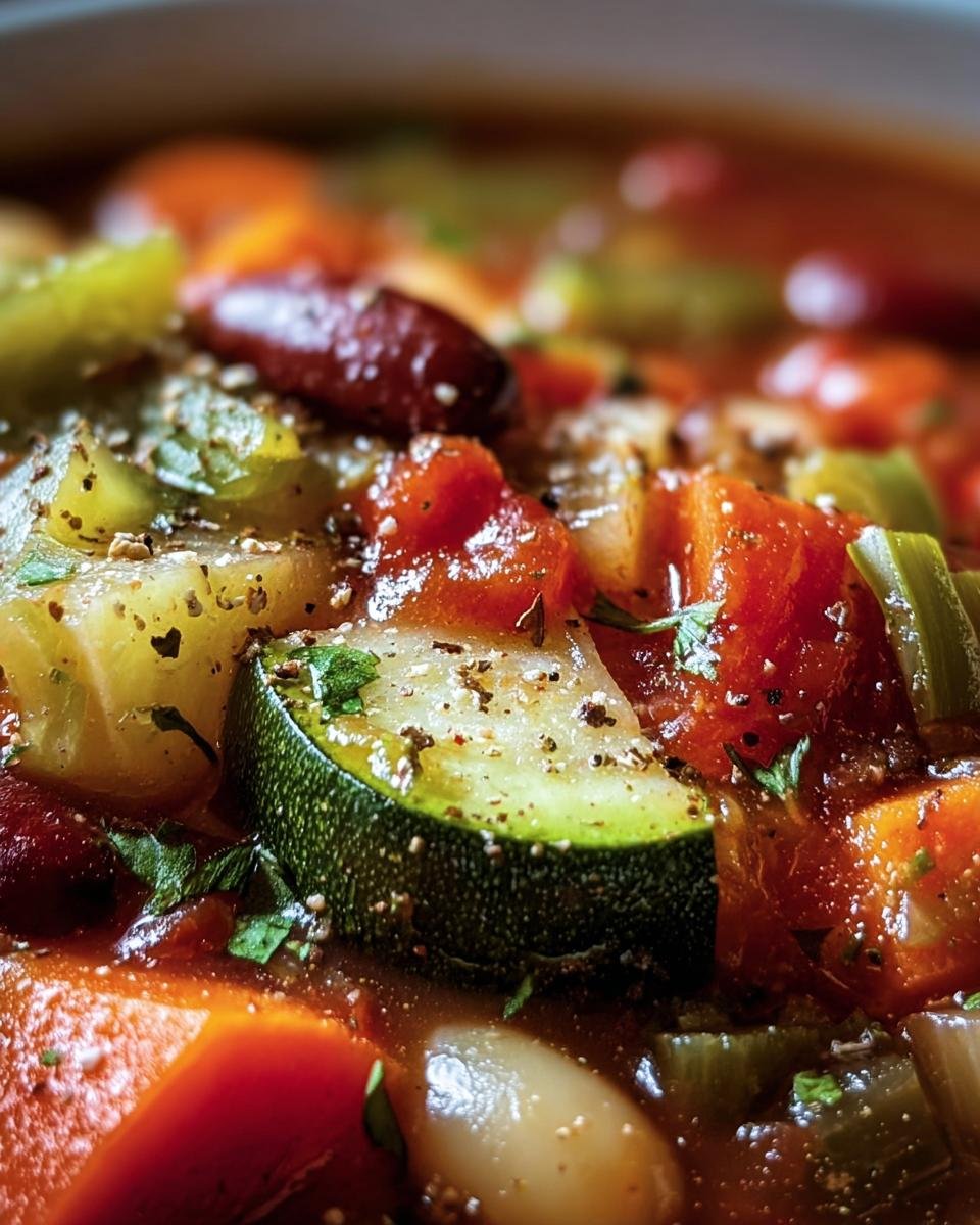 A close-up shot of hearty Vegetable Soup, featuring zucchini, carrots, beans, and herbs in a rich broth.