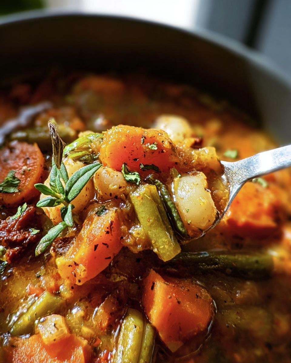 Spoonful of delicious Vegetable Soup with carrots, green beans, and herbs.