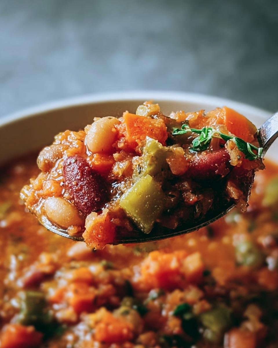 Close-up of a spoonful of hearty Vegetable Soup with beans, carrots, and herbs.