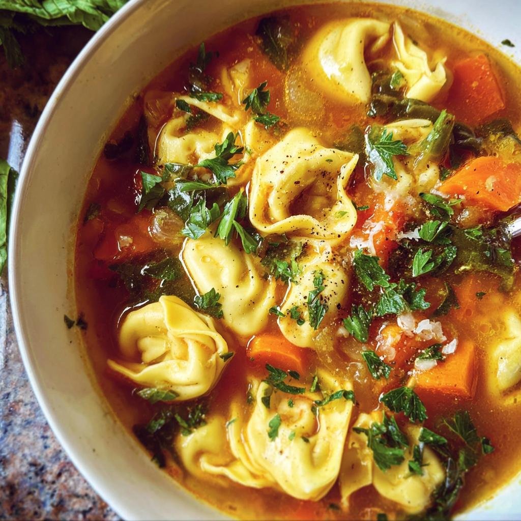 A close-up bowl of Vegetable Tortellini Soup with colorful vegetables and fresh herbs.
