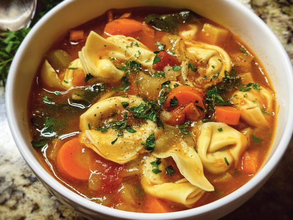 A bowl of Vegetable Tortellini Soup filled with cheese tortellini, carrots, and fresh herbs.