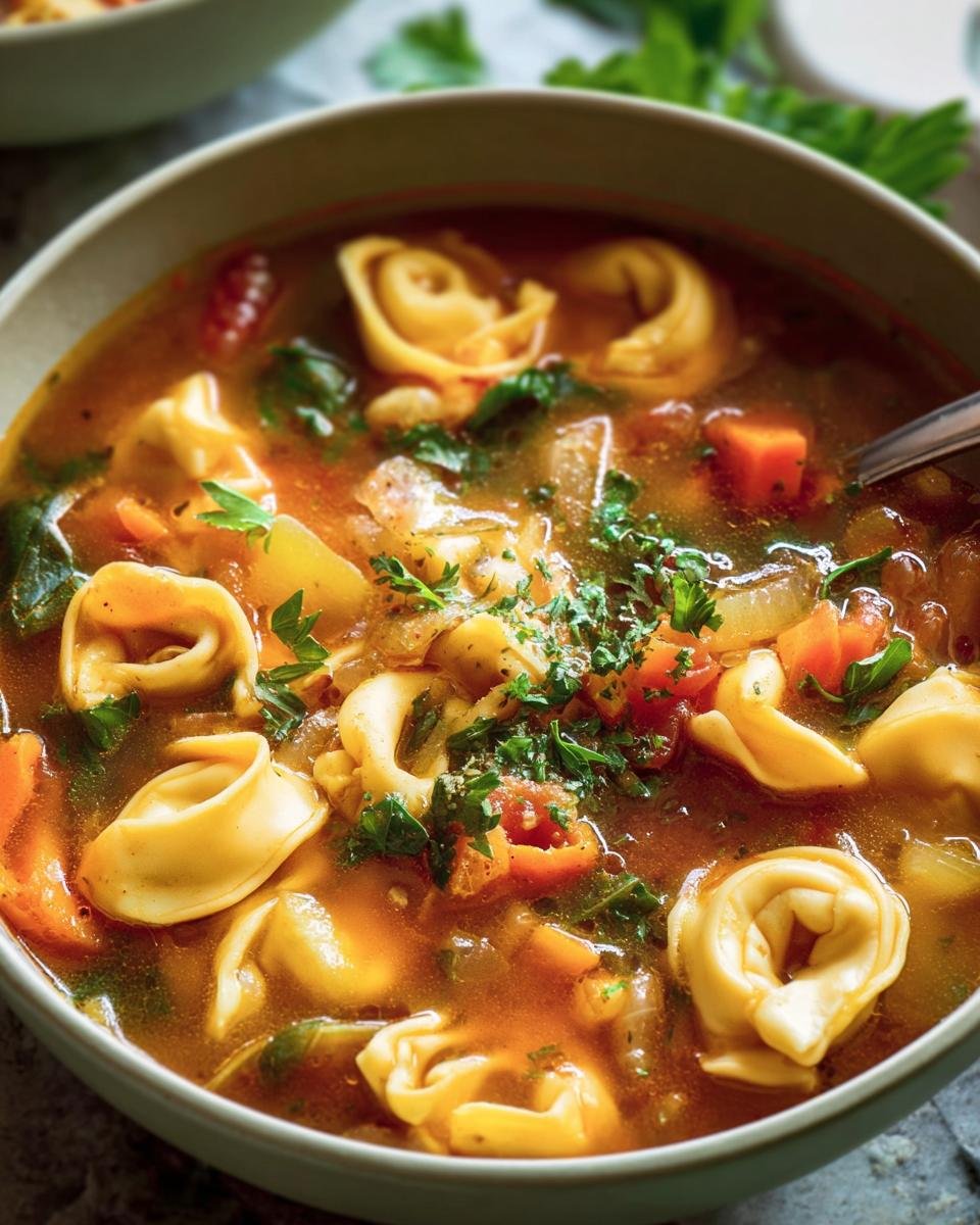Close-up of a bowl of Vegetable Tortellini Soup with tortellini, carrots, spinach, and herbs.