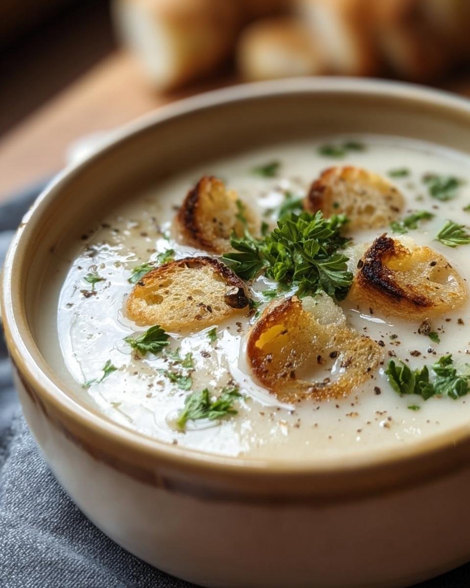 Close-up of a bowl of Velvety French Garlic Soup, garnished with croutons and fresh parsley.