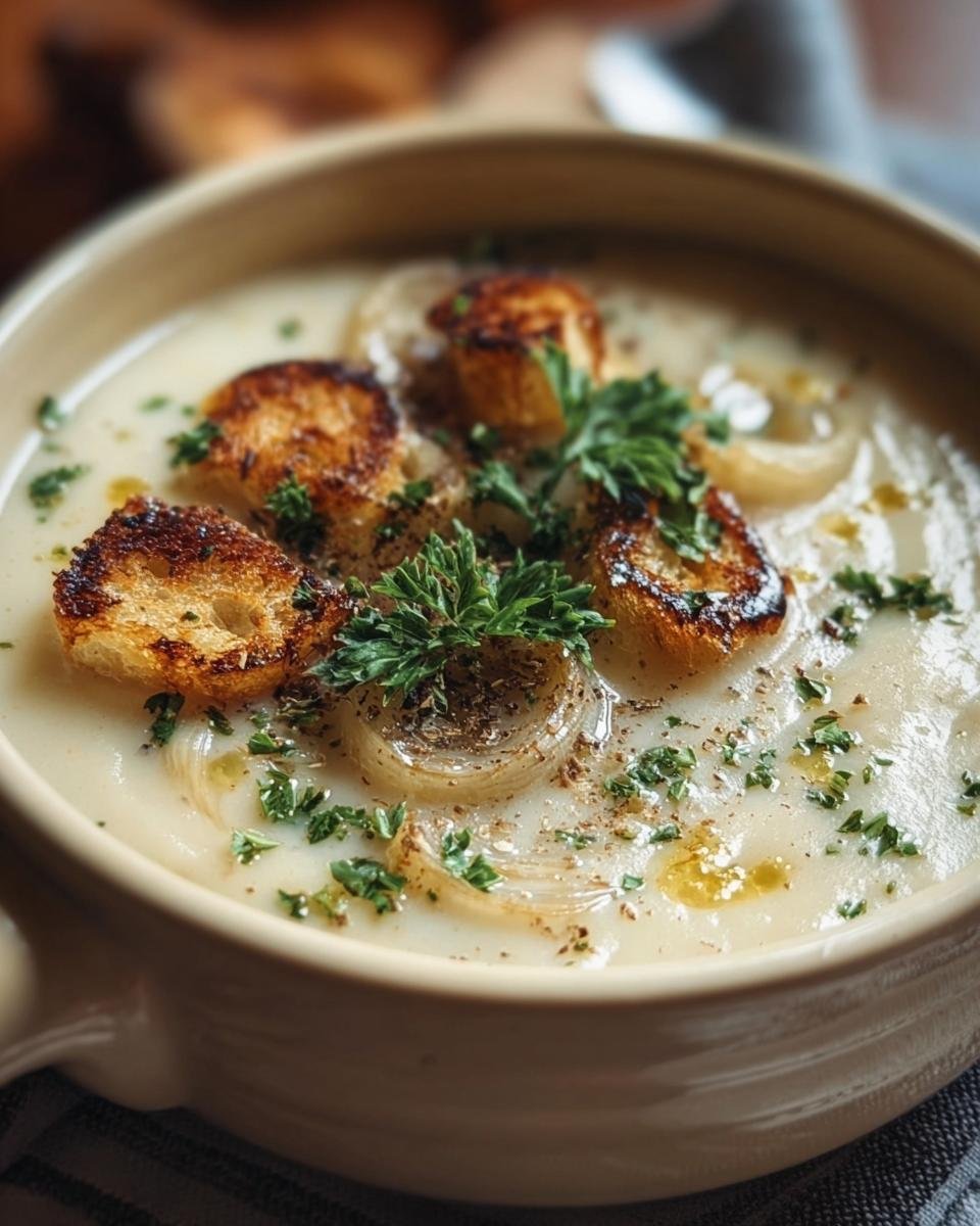 Close-up of Velvety French Garlic Soup in a bowl, garnished with croutons, parsley, and sliced garlic.