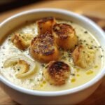Bowl of Velvety French Garlic Soup topped with toasted croutons and herbs, ready to eat.