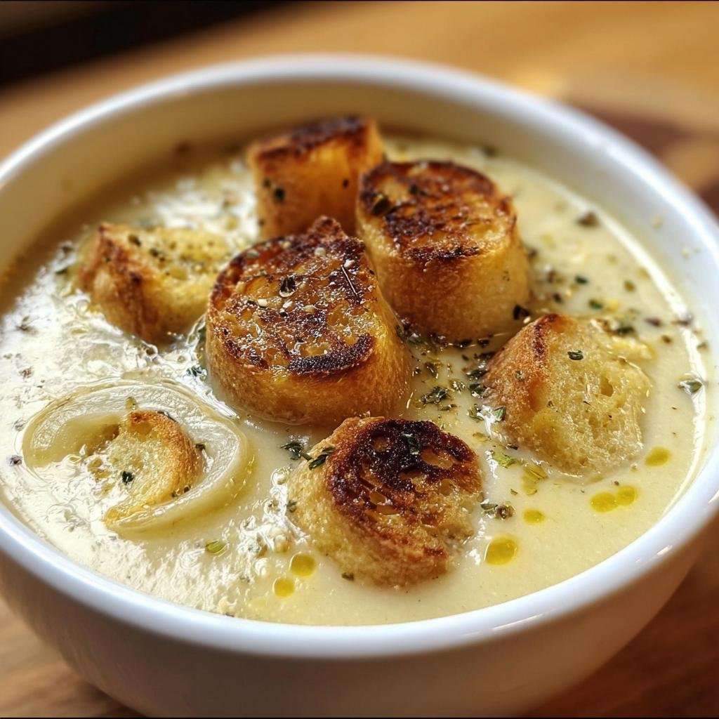 Bowl of Velvety French Garlic Soup topped with toasted croutons and herbs, ready to eat.