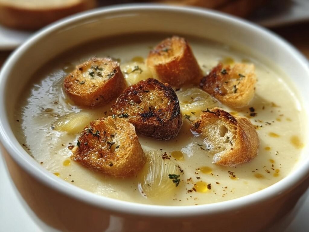 A bowl of Velvety French Garlic Soup topped with toasted croutons and herbs.