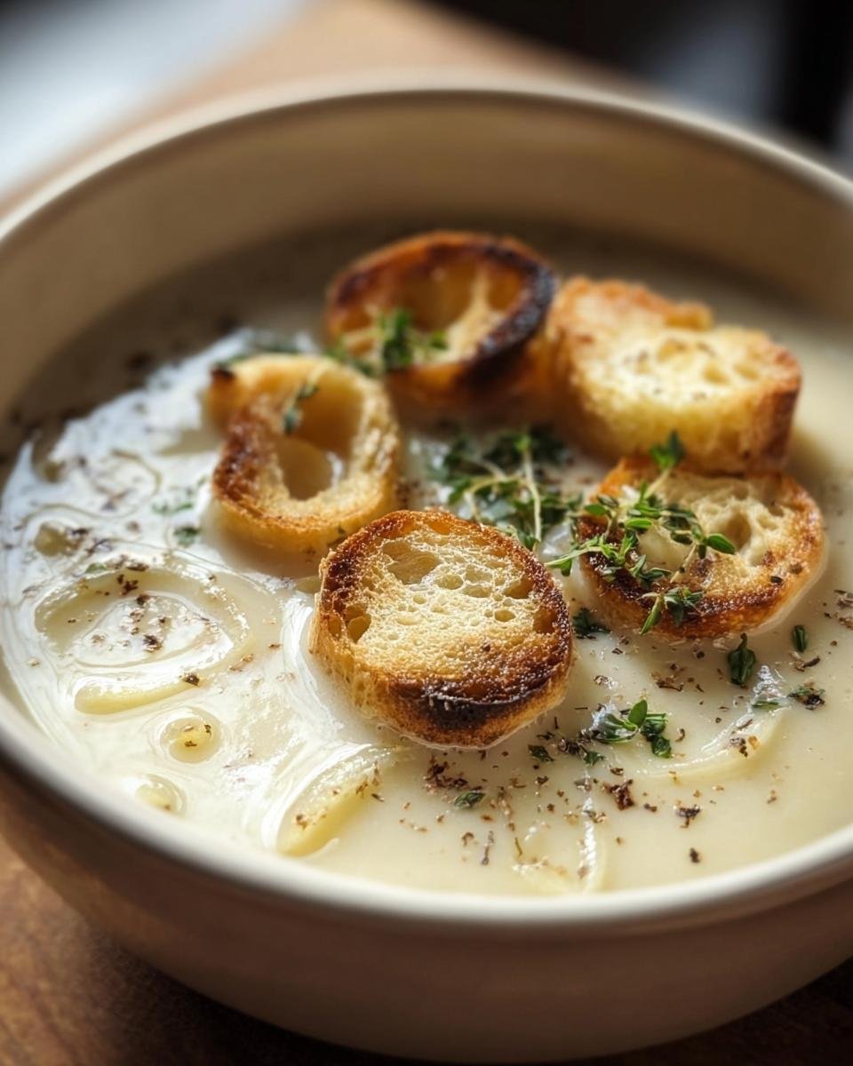 Bowl of Velvety French Garlic Soup topped with toasted croutons and fresh thyme.