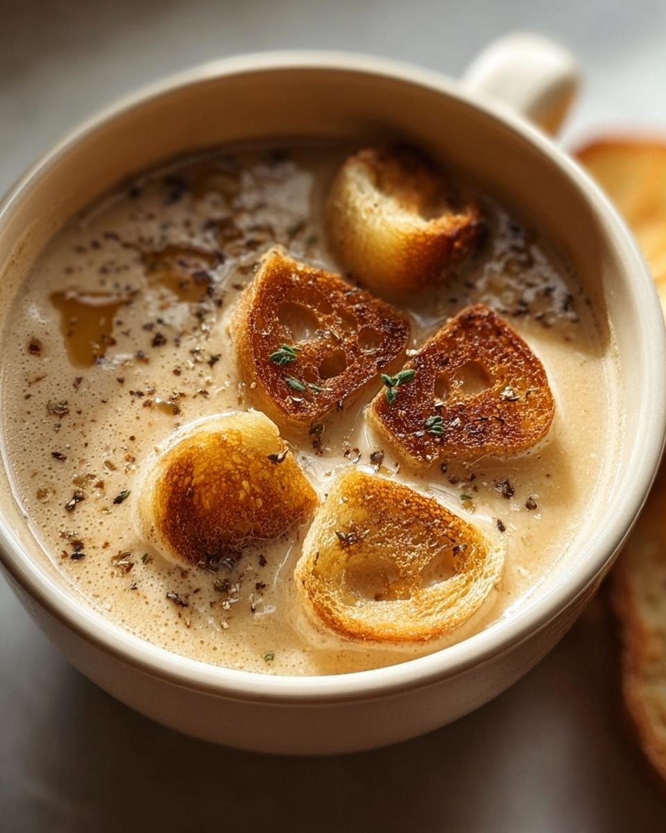 Bowl of Velvety French Garlic Soup topped with toasted croutons and herbs.