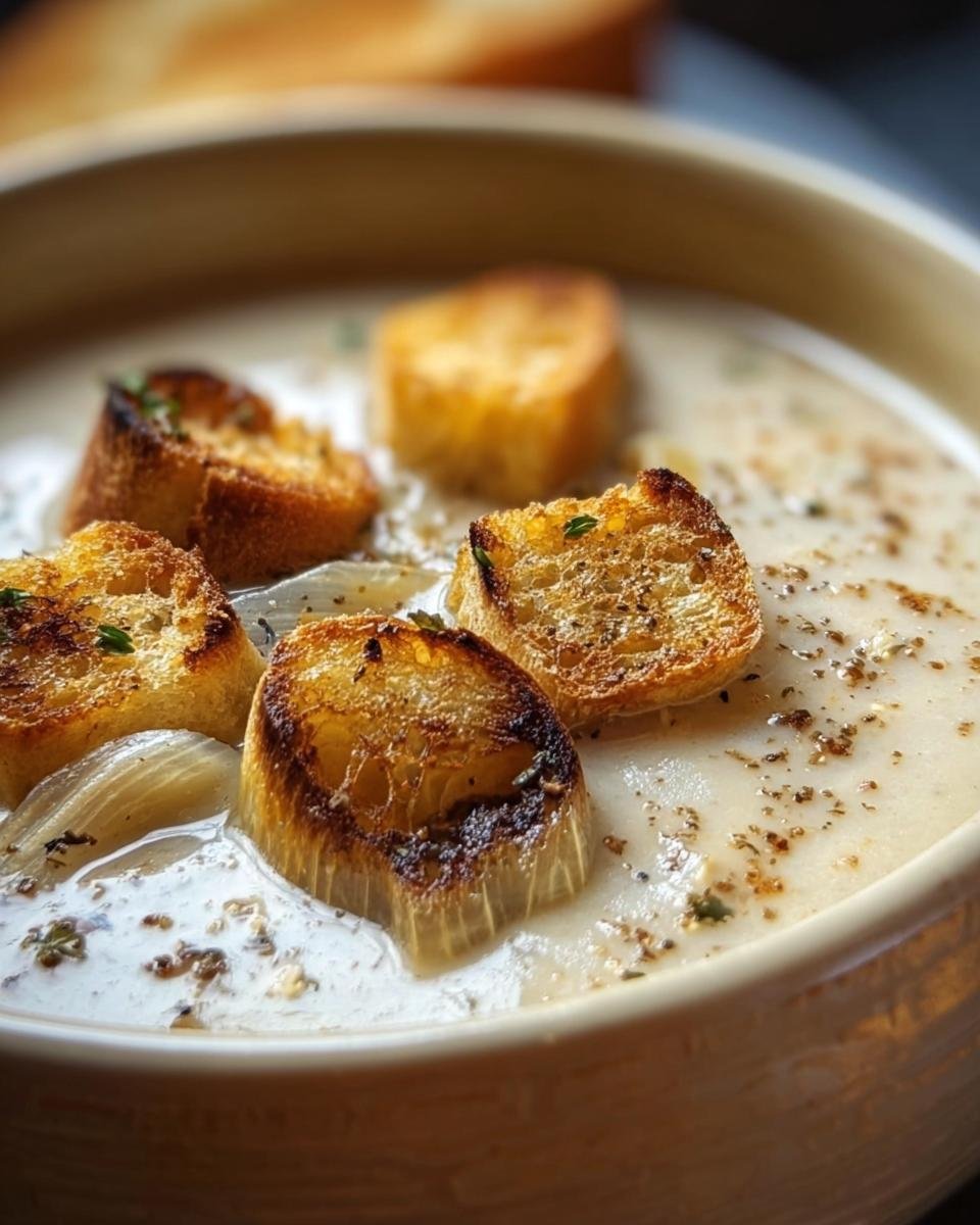 Bowl of Velvety French Garlic Soup topped with toasted croutons and herbs, ready to eat.