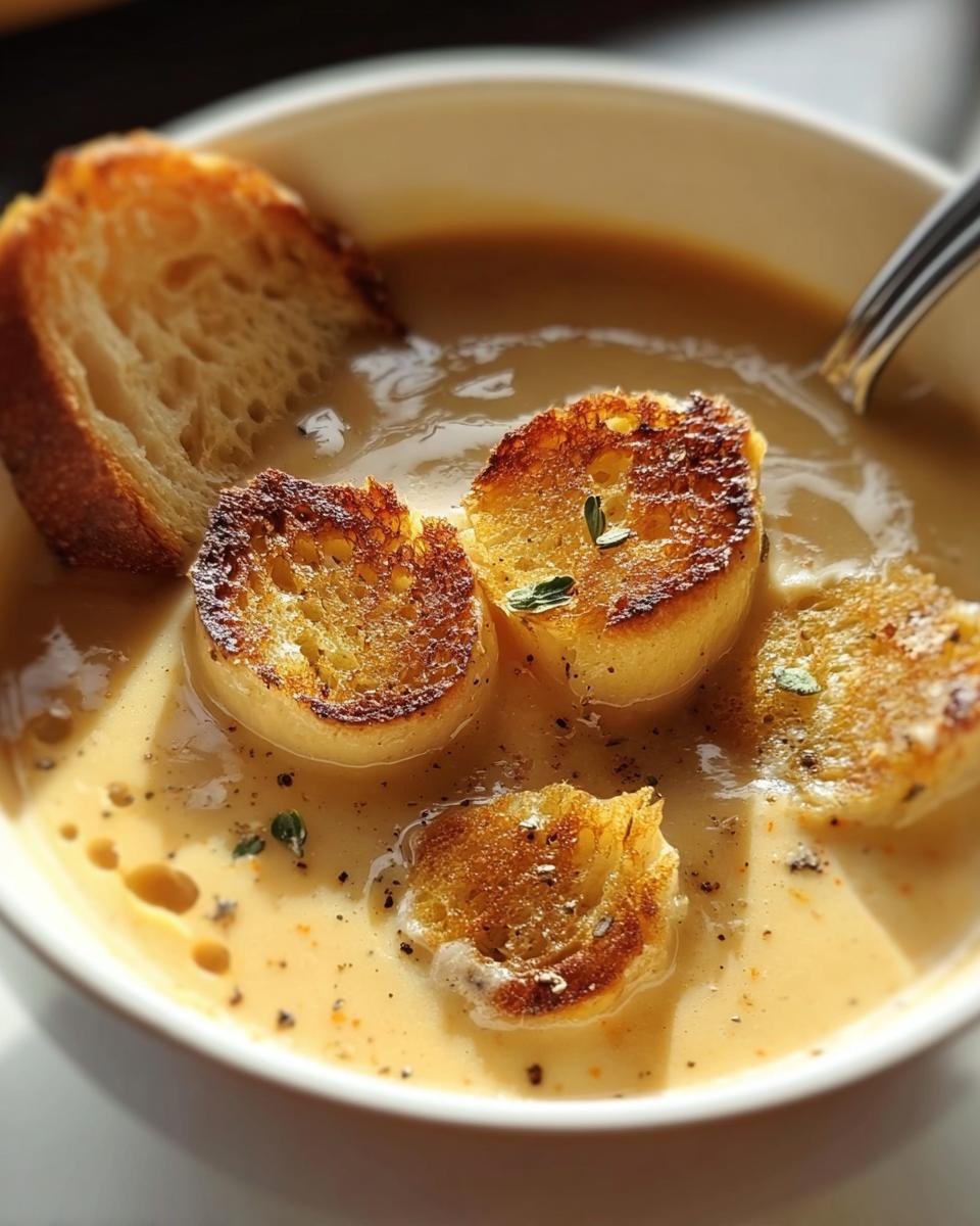 Bowl of Velvety French Garlic Soup topped with golden croutons and fresh herbs, ready to eat.