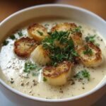 A bowl of creamy, Velvety French Garlic Soup topped with golden croutons and fresh parsley.