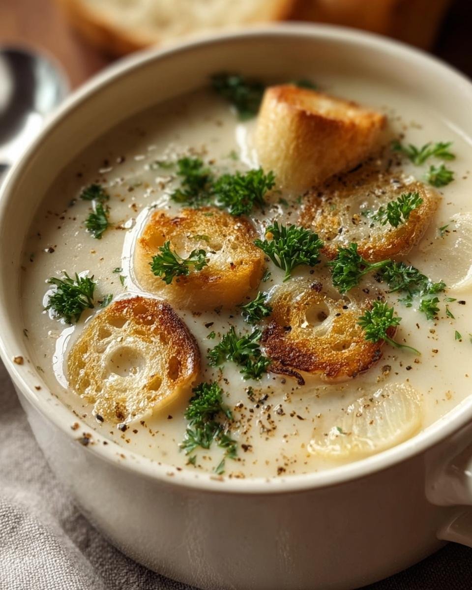 A bowl of Velvety French Garlic Soup topped with toasted croutons and fresh parsley.