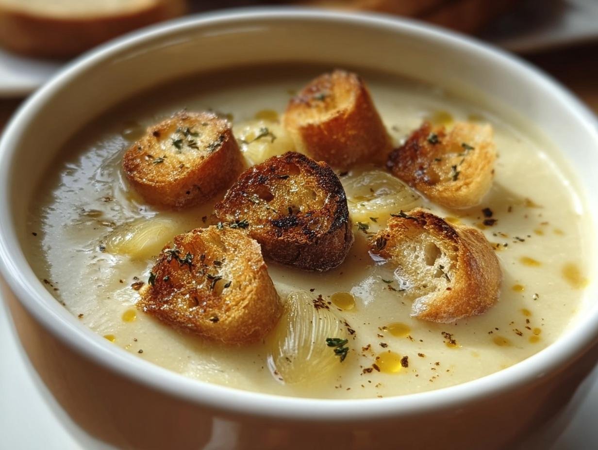 A bowl of Velvety French Garlic Soup topped with toasted croutons and herbs.