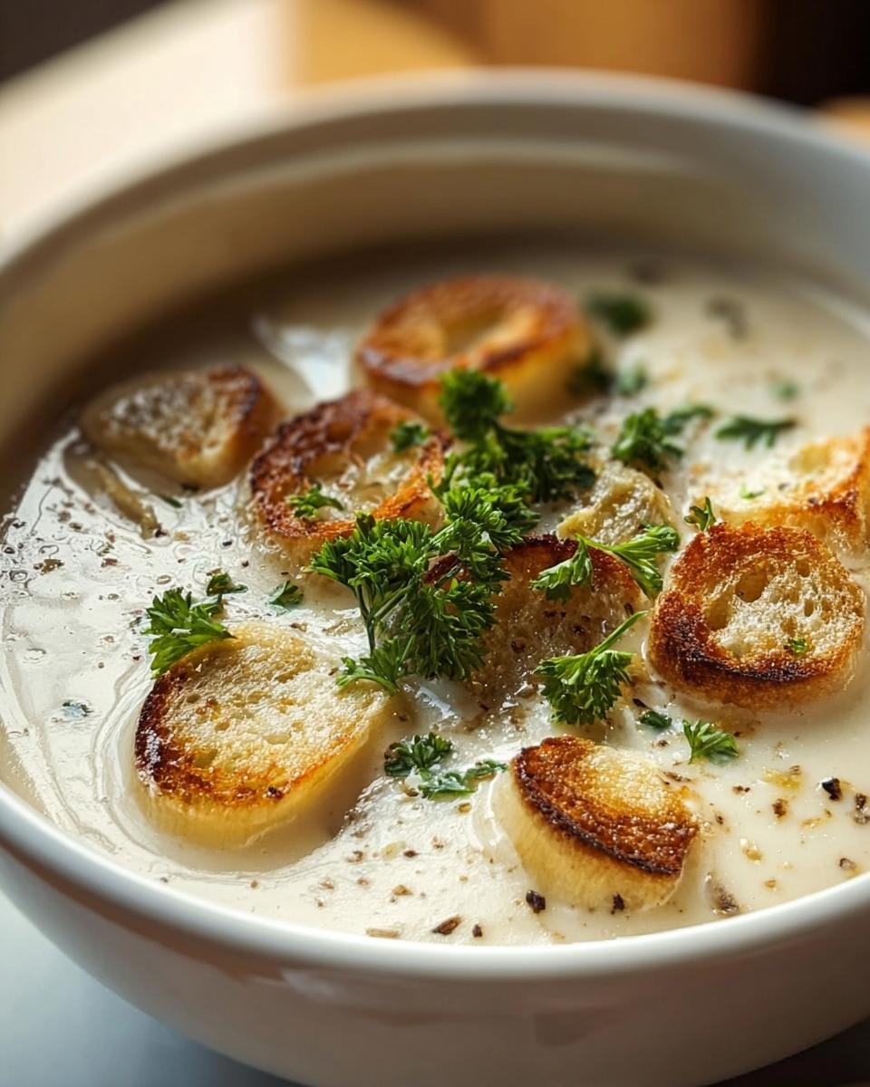 Bowl of Velvety French Garlic Soup topped with toasted croutons and fresh parsley.