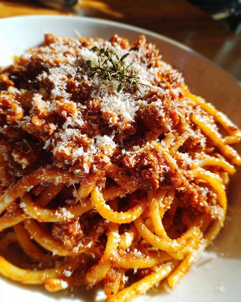 A plate of bucatini pasta topped with Turkey Bolognese, grated cheese, and fresh thyme.