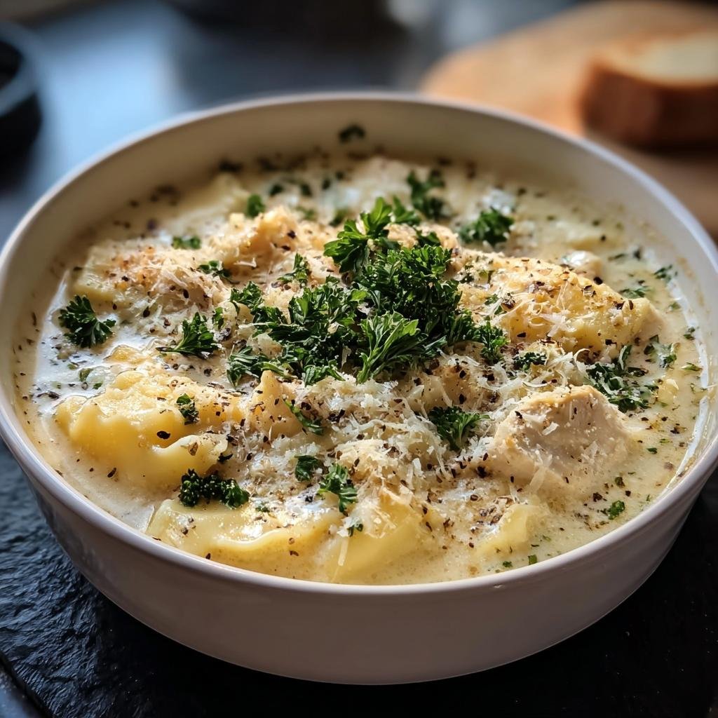 Bowl of White Chicken Lasagna Soup, garnished with parsley and parmesan cheese. Creamy and delicious!