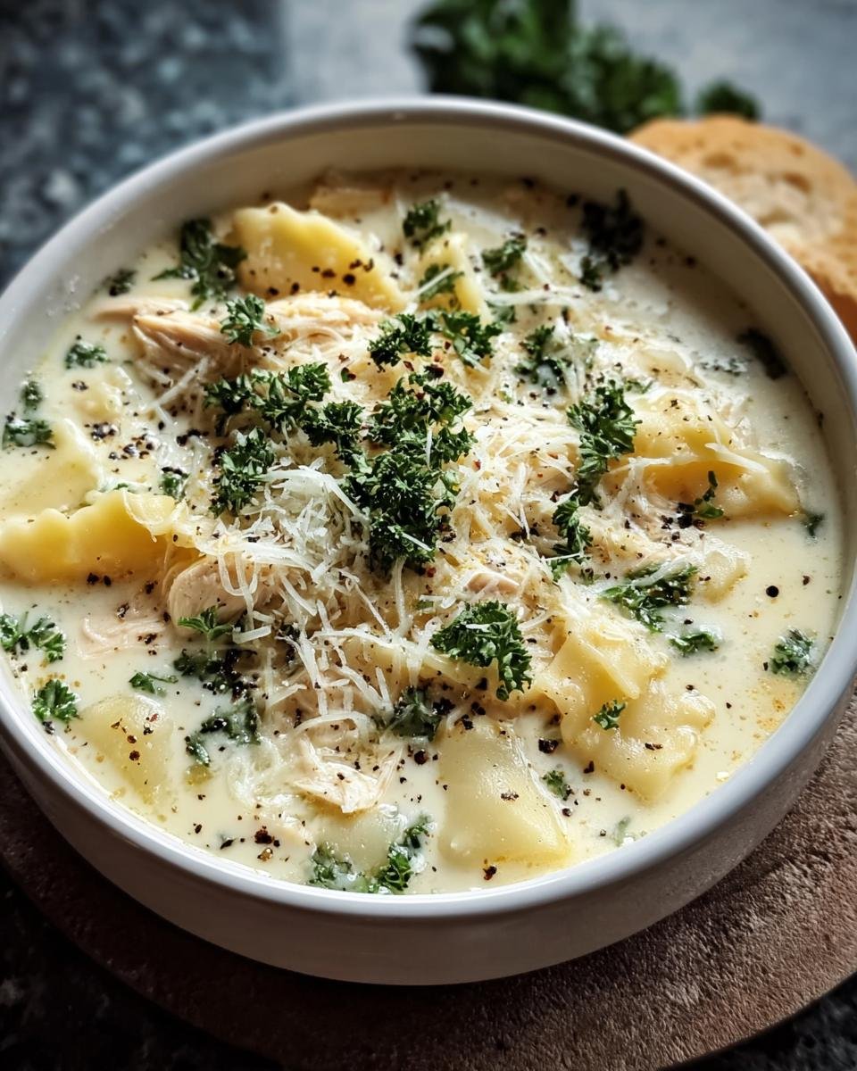 A bowl of creamy White Chicken Lasagna Soup, topped with parsley and parmesan cheese.