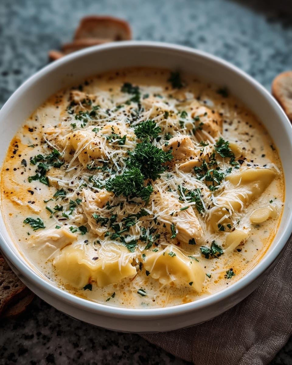 A bowl of White Chicken Lasagna Soup, topped with parmesan and parsley. Close-up shot.