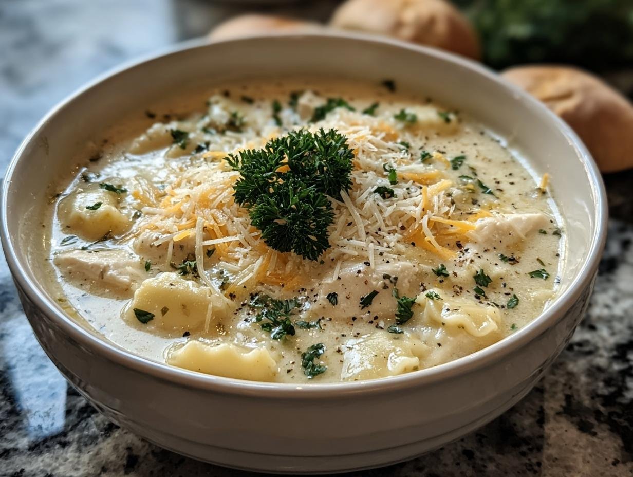 A bowl of creamy White Chicken Lasagna Soup, topped with cheese and parsley.