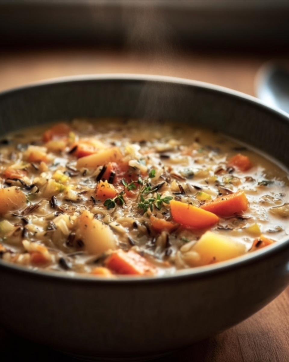 Close-up of a steaming bowl of Wild Rice Soup Recipe with carrots, potatoes, and herbs.