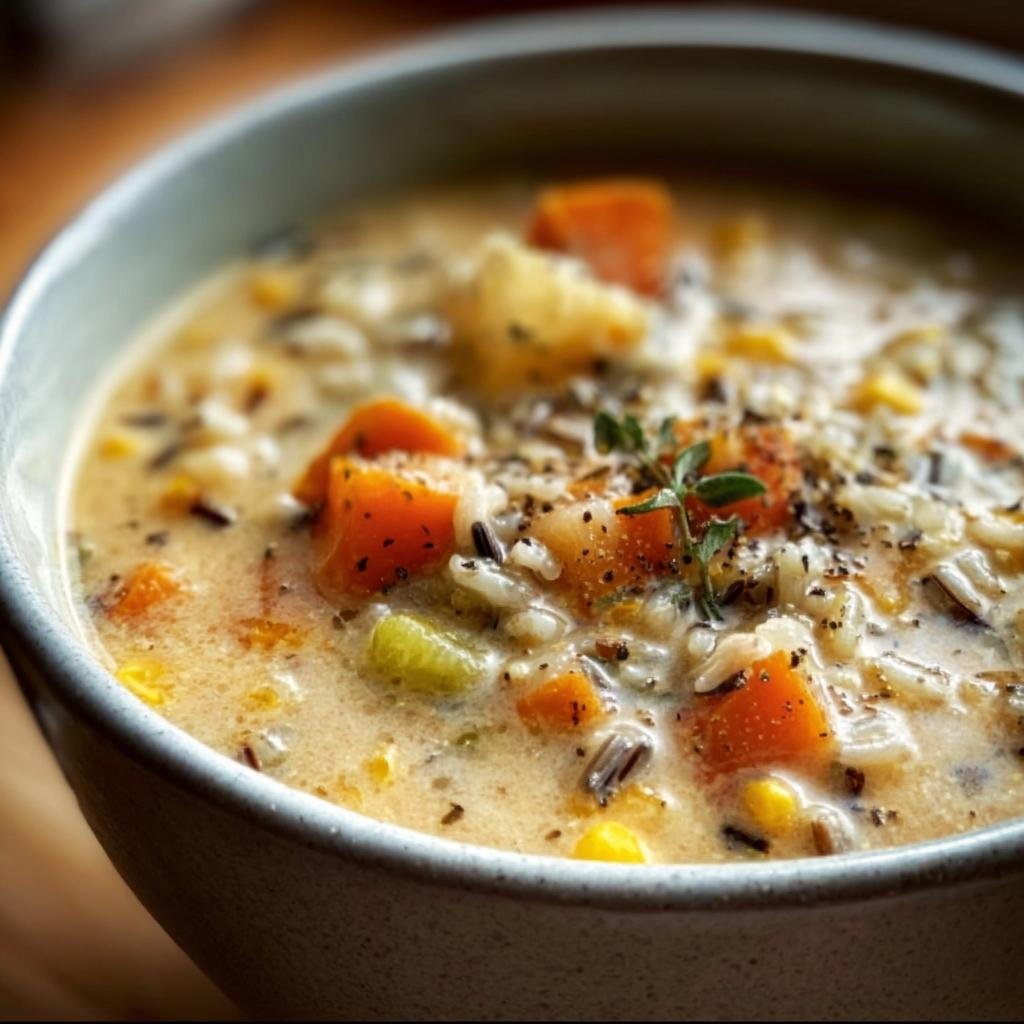 Close-up of a bowl of Wild Rice Soup Recipe, showing wild rice, vegetables, and creamy broth.