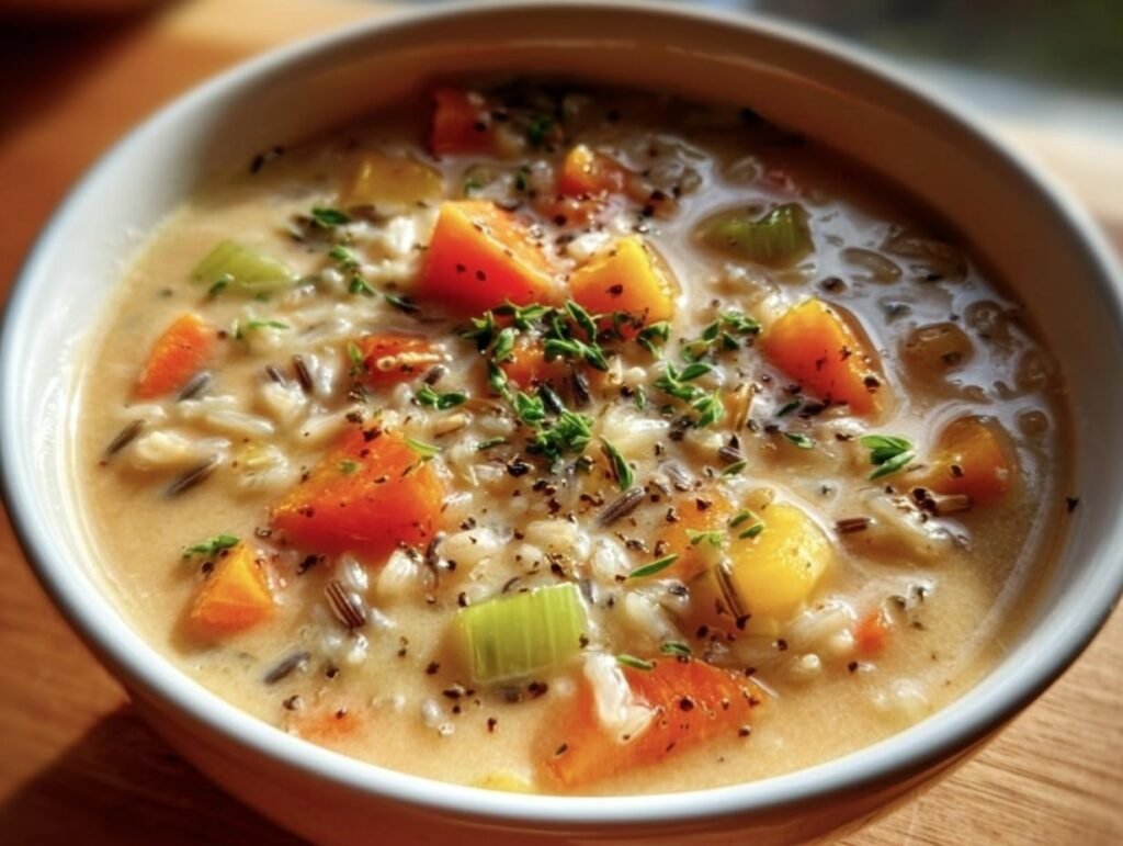 A bowl of creamy Wild Rice Soup Recipe, featuring wild rice, carrots, celery, and herbs.